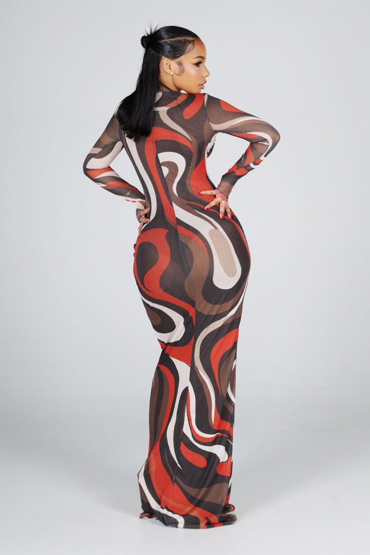 Soft stretch sheer mesh maxi dress with a bold retro swirl print
