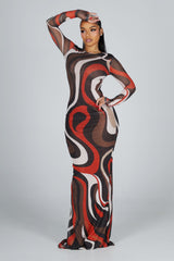 Soft stretch sheer mesh maxi dress with a bold retro swirl print