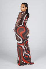 Soft stretch sheer mesh maxi dress with a bold retro swirl print