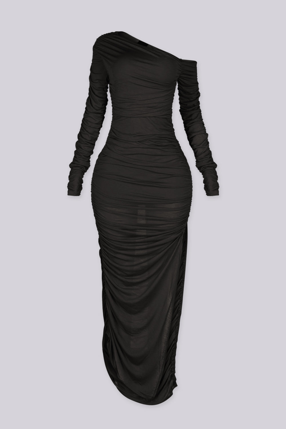 Off shoulder asymmetric neckline maxi dress with long ruched sleeves