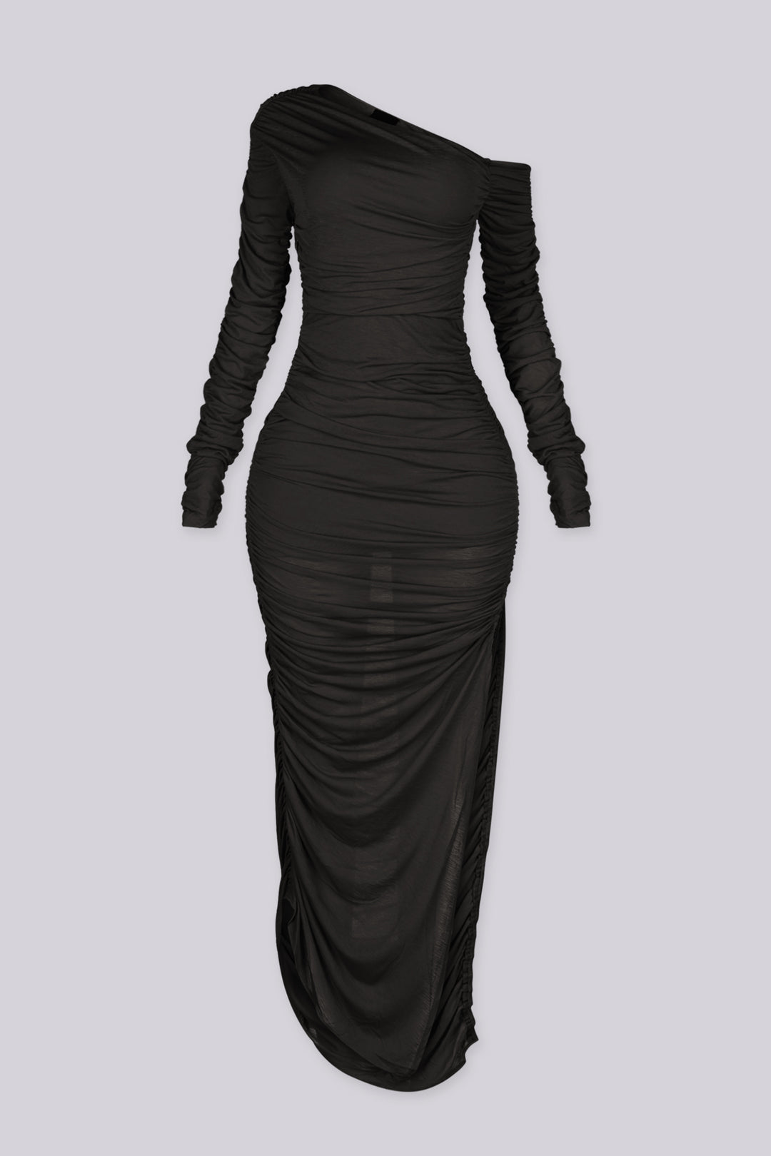 Off shoulder asymmetric neckline maxi dress with long ruched sleeves