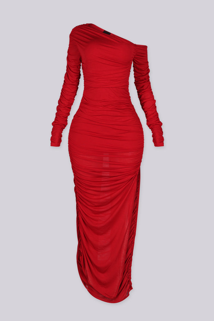 Off shoulder asymmetric neckline maxi dress with long ruched sleeves