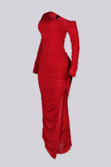 Off shoulder asymmetric neckline maxi dress with long ruched sleeves