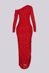 Off shoulder asymmetric neckline maxi dress with long ruched sleeves