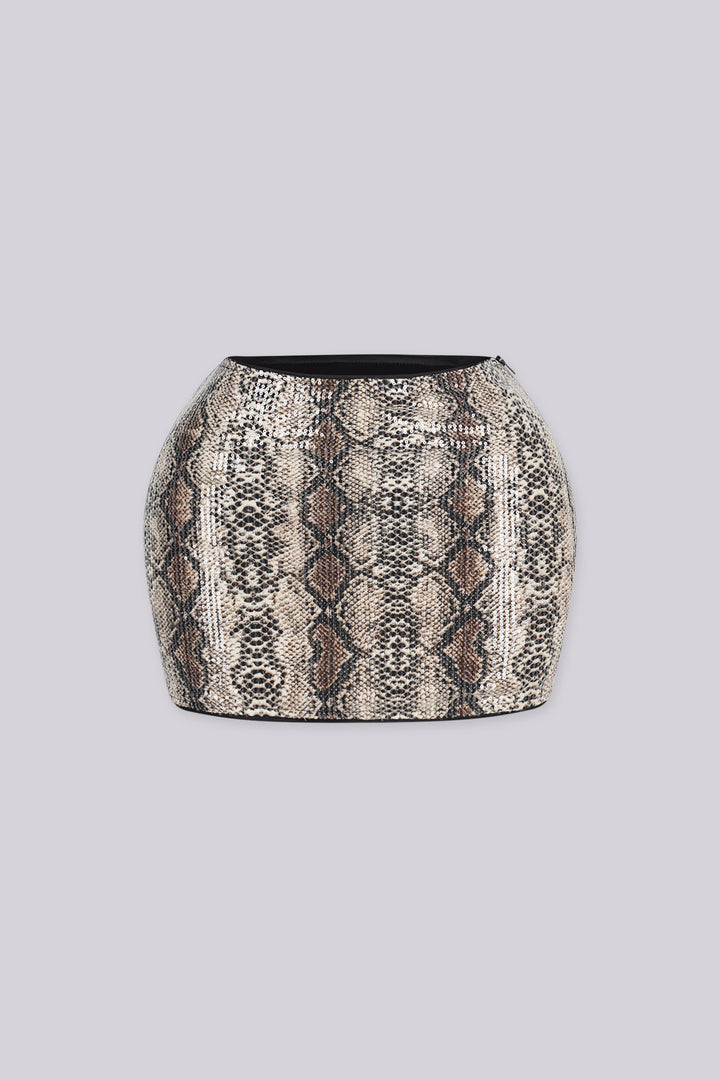 Fitted sequin mini skirt with an allover snakeskin print sparkle finish