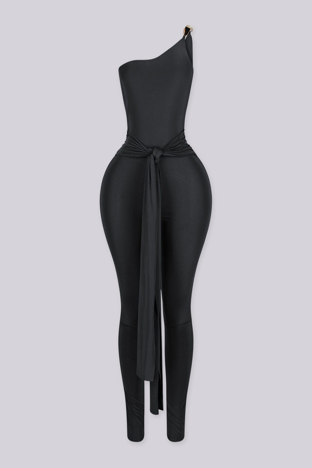 Fitted one shoulder jumpsuit featuring decorative gold tone hardware clasp