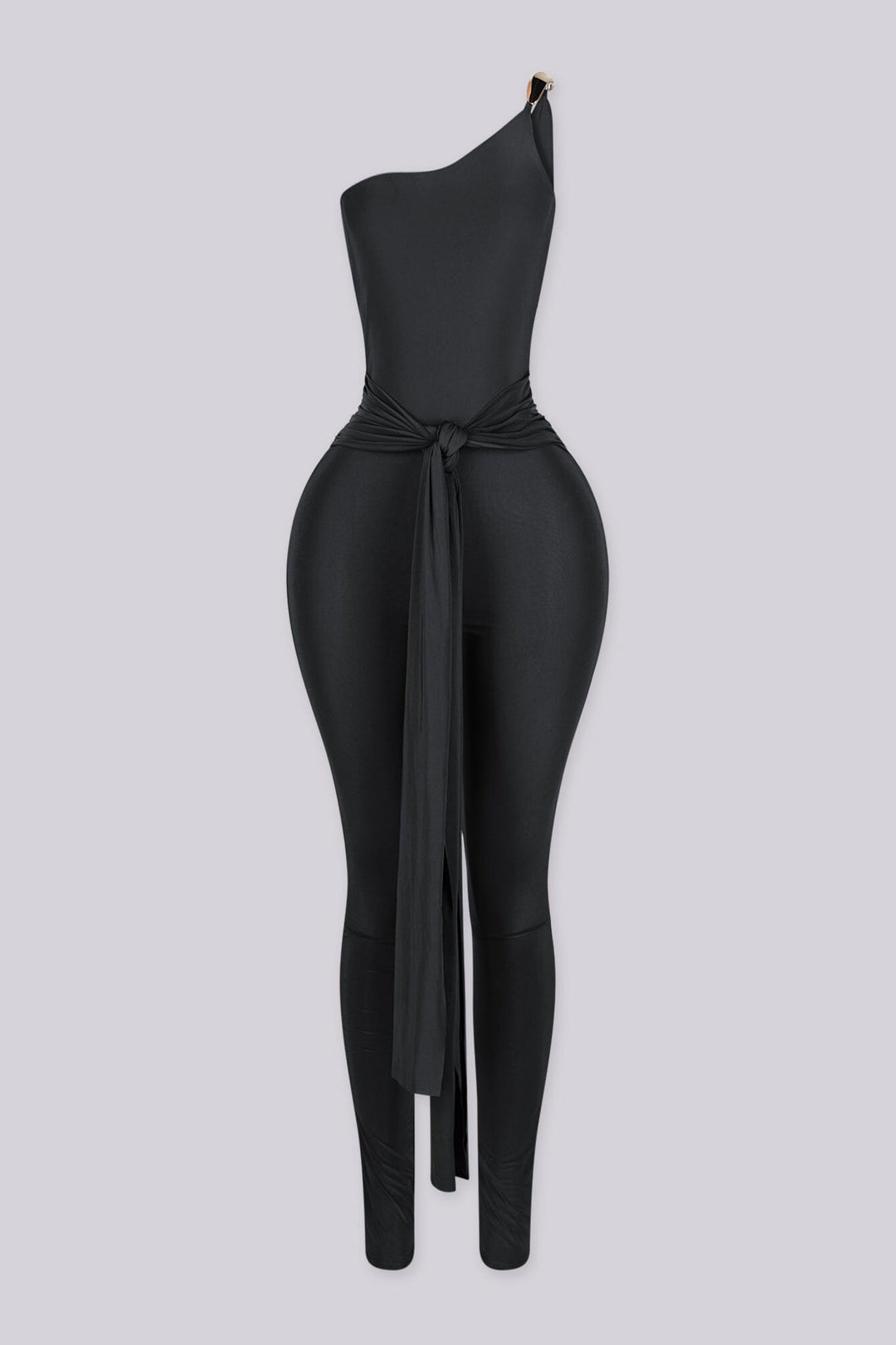 Fitted one shoulder jumpsuit featuring decorative gold tone hardware clasp