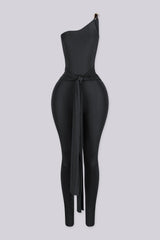 Fitted one shoulder jumpsuit featuring decorative gold tone hardware clasp