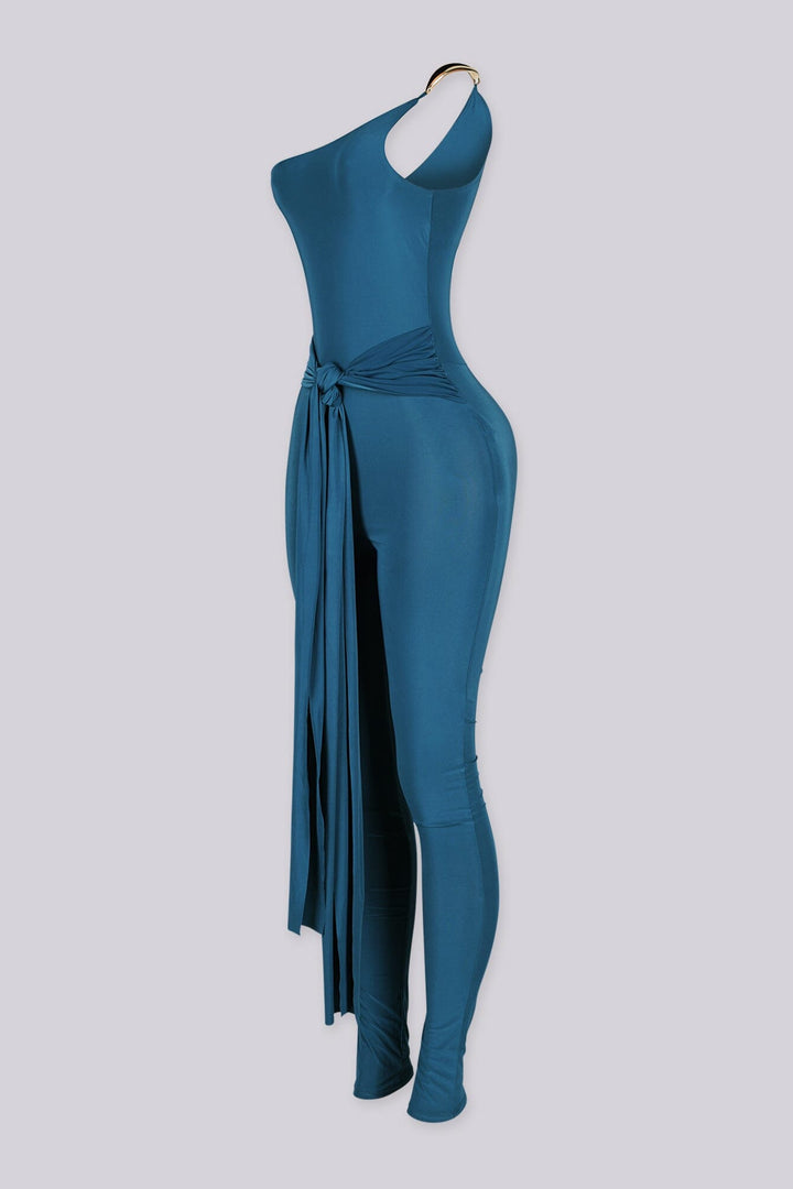 Fitted one shoulder jumpsuit featuring decorative gold tone hardware clasp
