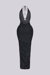 Viva Rhinestone Beaded Halter Maxi Dress