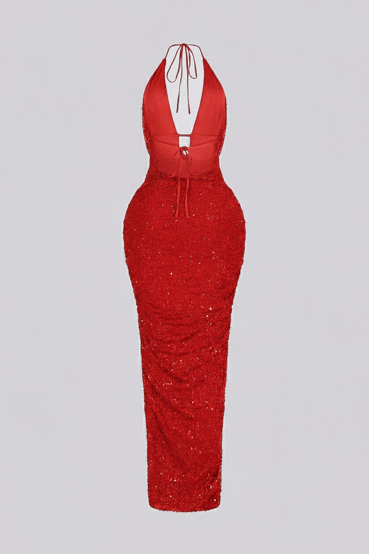 Viva Rhinestone Beaded Halter Maxi Dress
