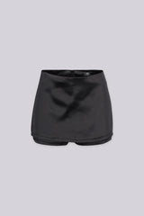 Satin high rise A-line mini skort featuring back exposed shorts