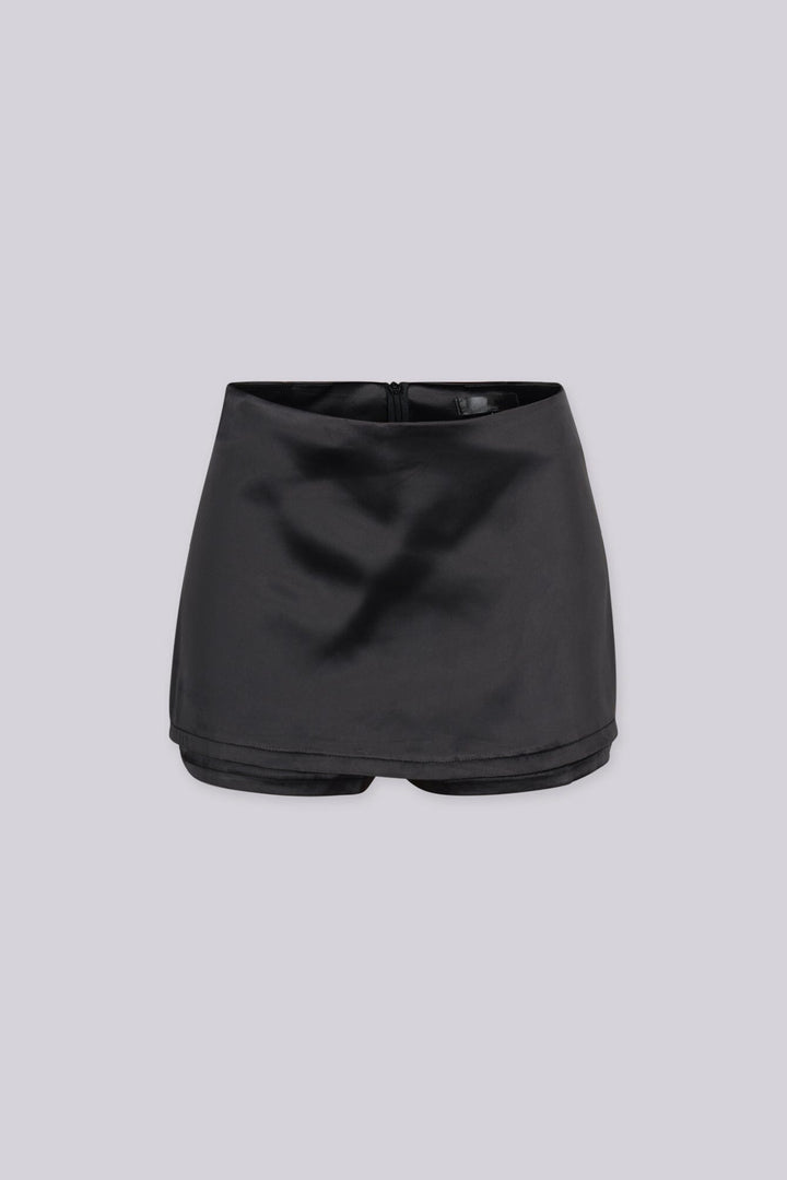 Satin high rise A-line mini skort featuring back exposed shorts