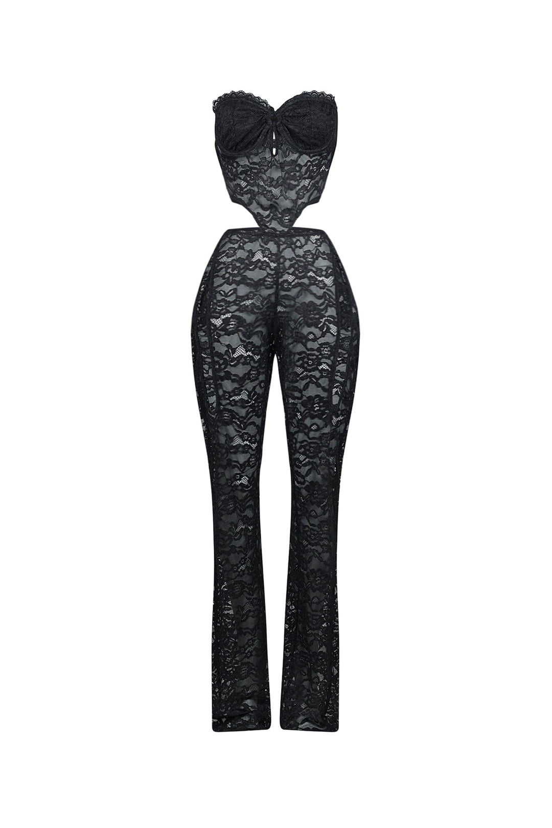 Lace tube jumpsuit with a bustier design featuring back clasp closures and side cutouts
