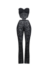 Lace tube jumpsuit with a bustier design featuring back clasp closures and side cutouts