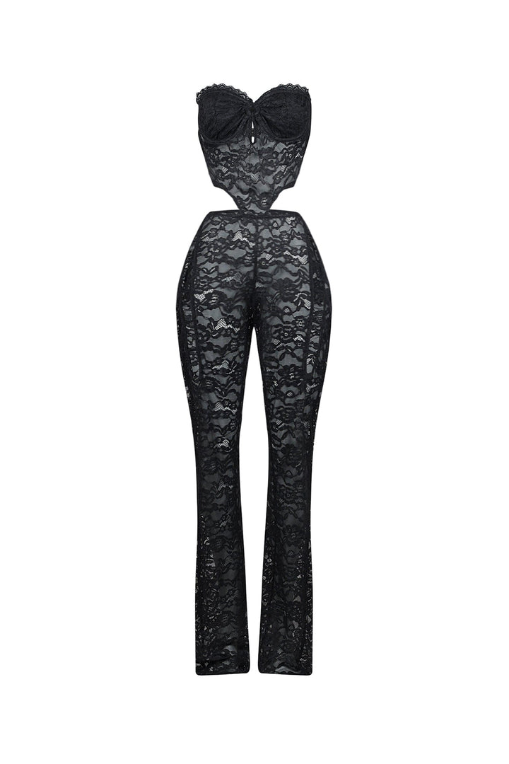 Lace tube jumpsuit with a bustier design featuring back clasp closures and side cutouts