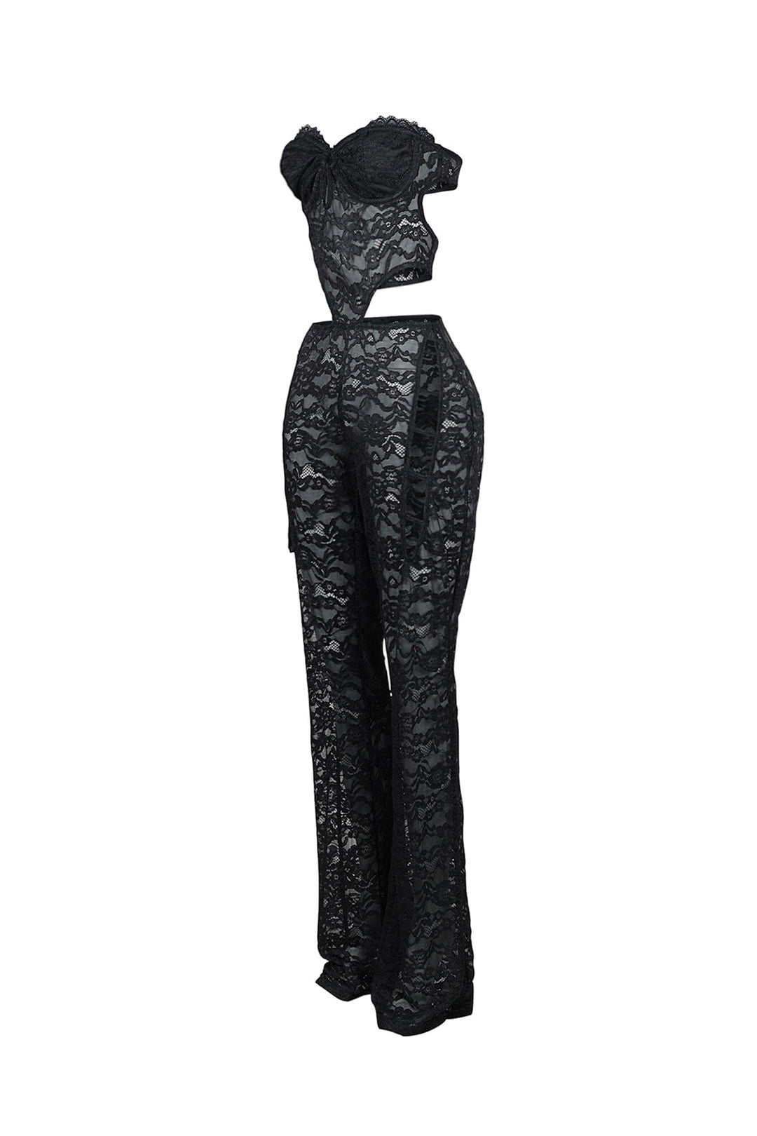 Lace tube jumpsuit with a bustier design featuring back clasp closures and side cutouts