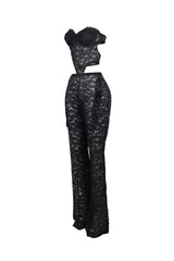 Lace tube jumpsuit with a bustier design featuring back clasp closures and side cutouts