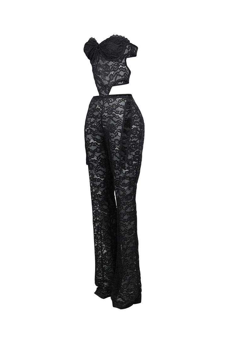 Lace tube jumpsuit with a bustier design featuring back clasp closures and side cutouts