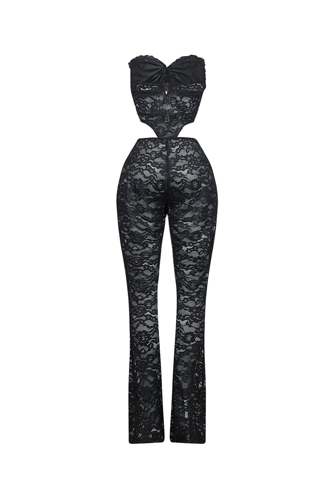 Lace tube jumpsuit with a bustier design featuring back clasp closures and side cutouts