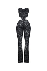Lace tube jumpsuit with a bustier design featuring back clasp closures and side cutouts