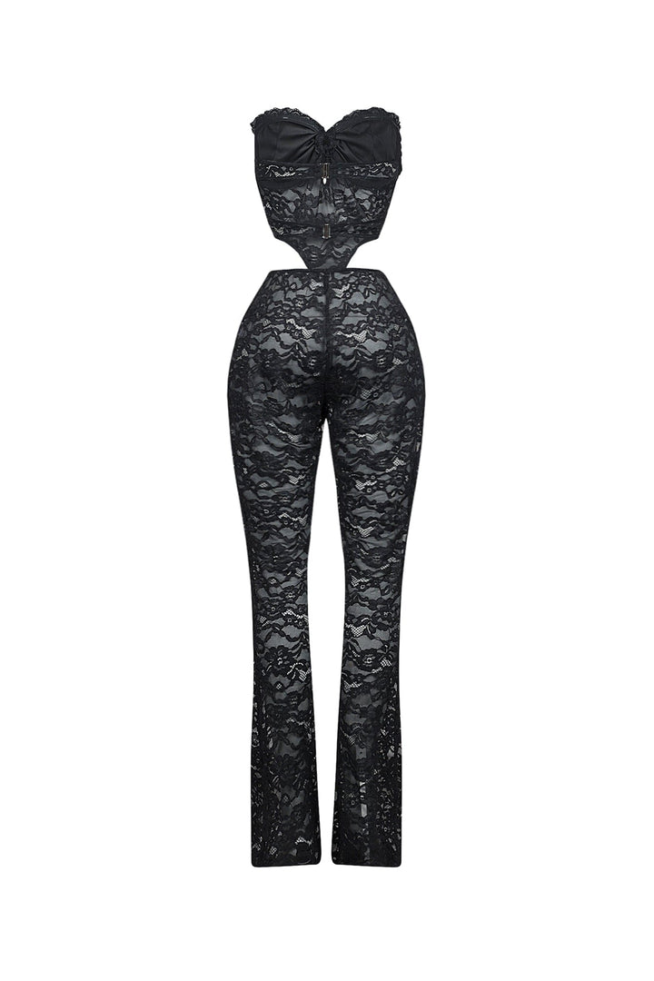 Lace tube jumpsuit with a bustier design featuring back clasp closures and side cutouts
