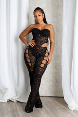 Lace tube jumpsuit with a bustier design featuring back clasp closures and side cutouts