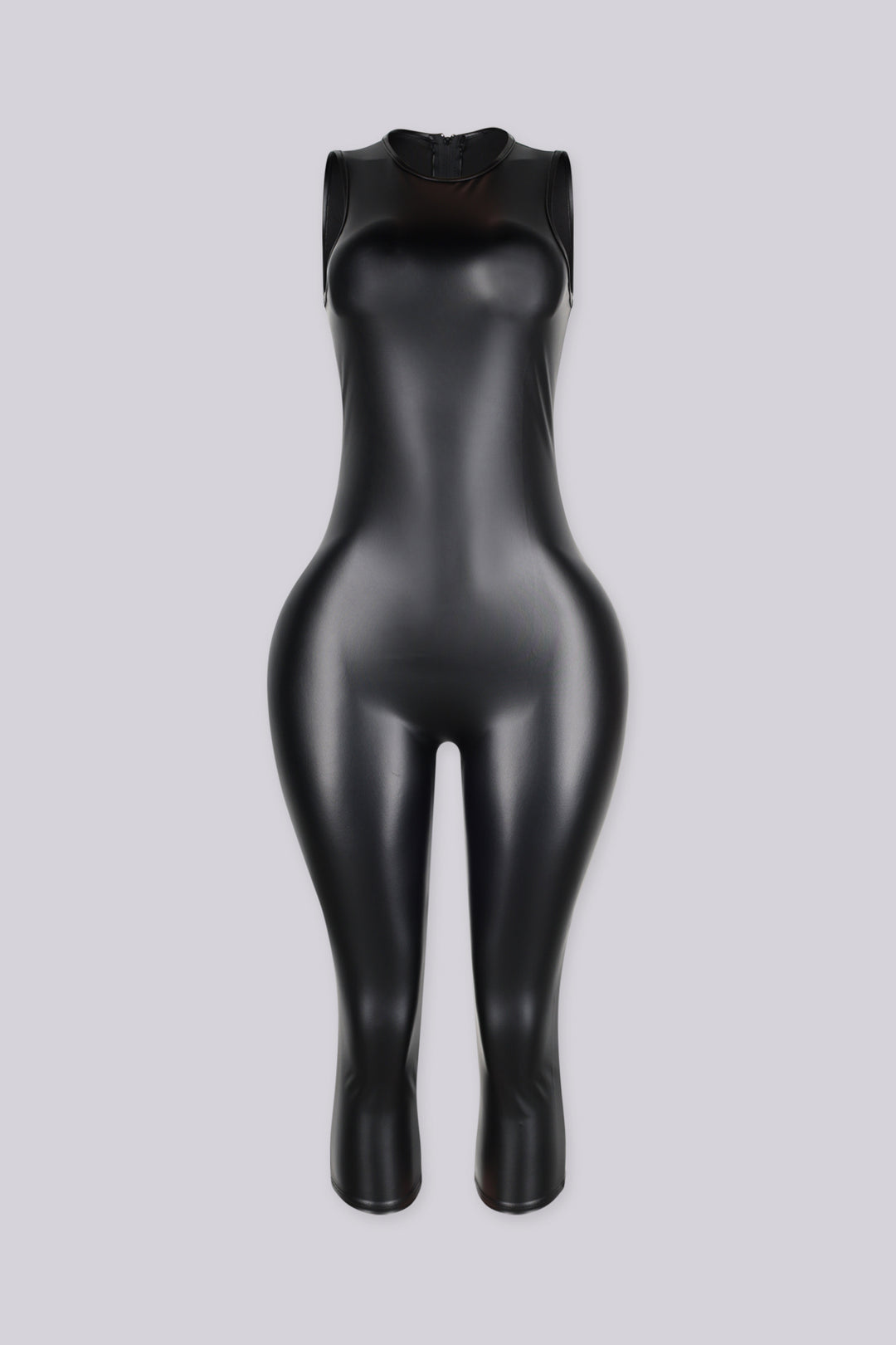 Sleeveless fitted bodysuit style faux leather capri jumpsuit featuring high shine finish