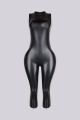 Sleeveless fitted bodysuit style faux leather capri jumpsuit featuring high shine finish