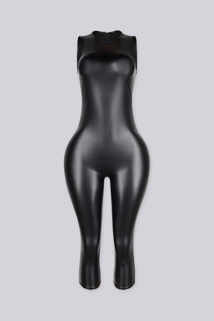 Sleeveless fitted bodysuit style faux leather capri jumpsuit featuring high shine finish