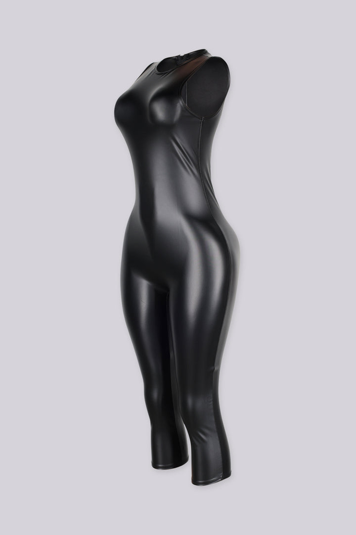 Sleeveless fitted bodysuit style faux leather capri jumpsuit featuring high shine finish
