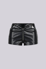 Glossy faux leather shorts with exposed zipper trim runs along the waistline and pockets