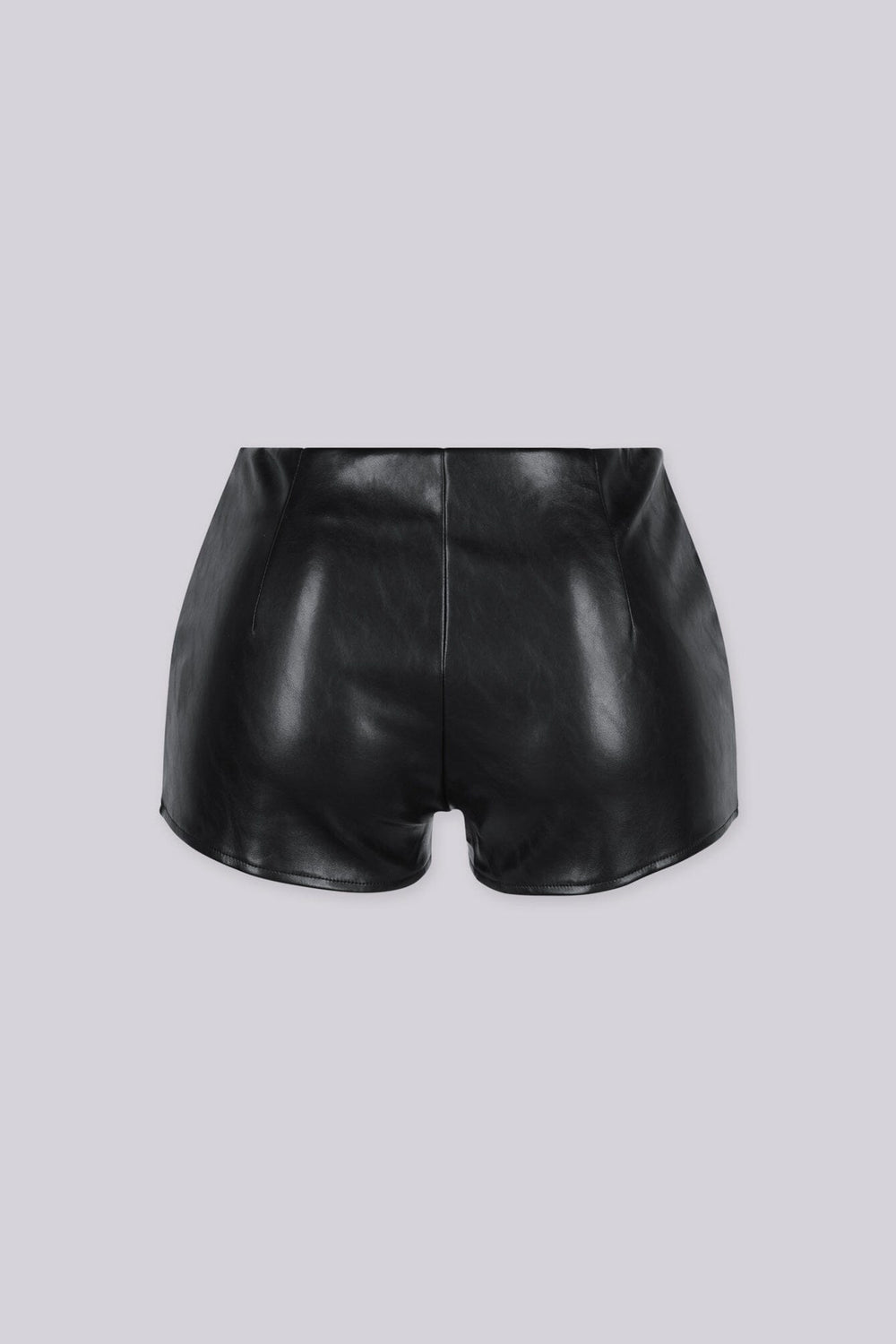 Glossy faux leather shorts with exposed zipper trim runs along the waistline and pockets