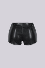Glossy faux leather shorts with exposed zipper trim runs along the waistline and pockets