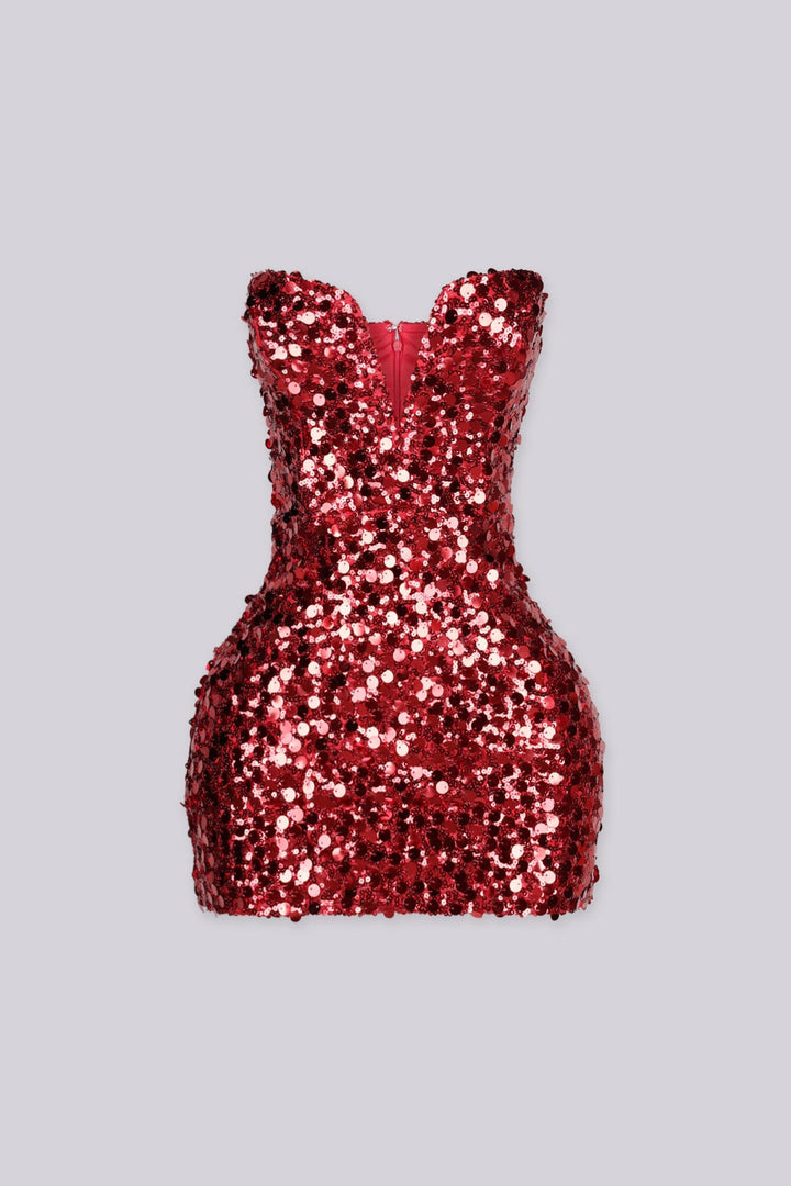 Strapless fitted bodice mini dress with wired plunging notched sweetheart neckline featuring oversized sequins detailing throughout