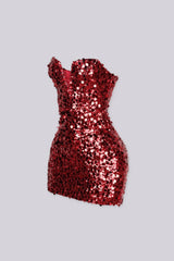 Strapless fitted bodice mini dress with wired plunging notched sweetheart neckline featuring oversized sequins detailing throughout