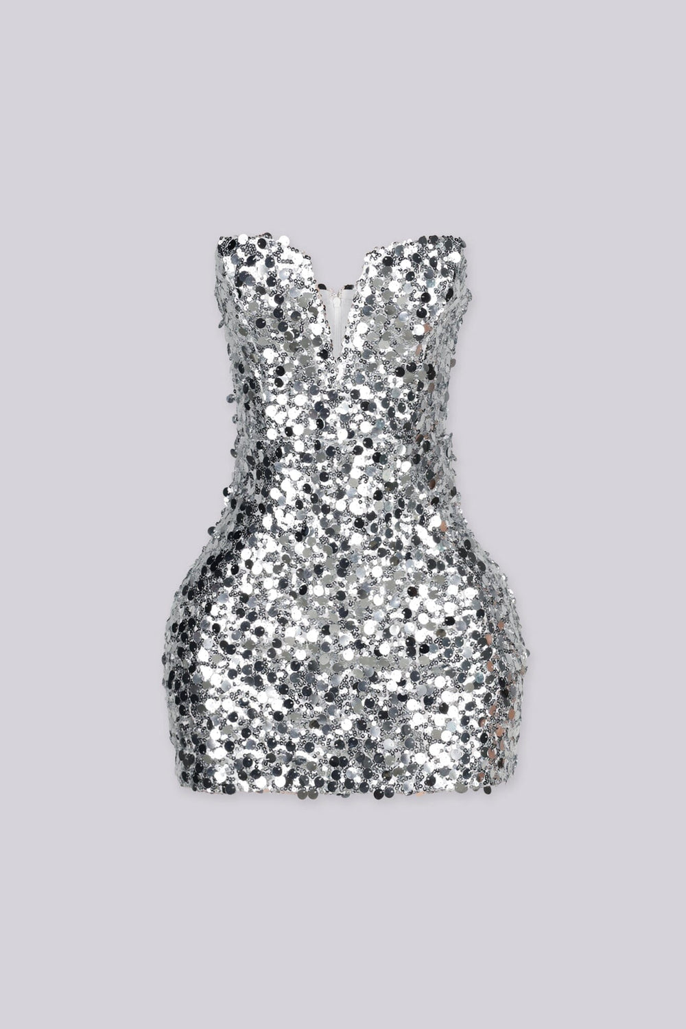 Strapless fitted bodice mini dress with wired plunging notched sweetheart neckline featuring oversized sequins detailing throughout