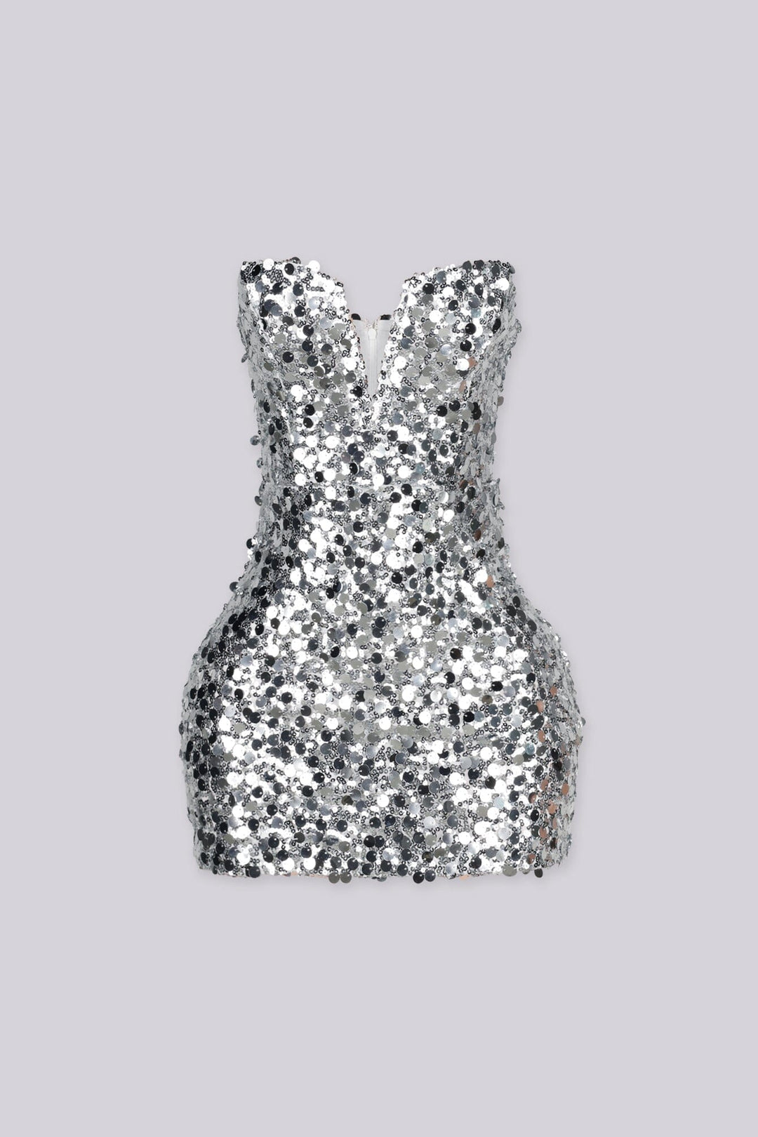 Strapless fitted bodice mini dress with wired plunging notched sweetheart neckline featuring oversized sequins detailing throughout