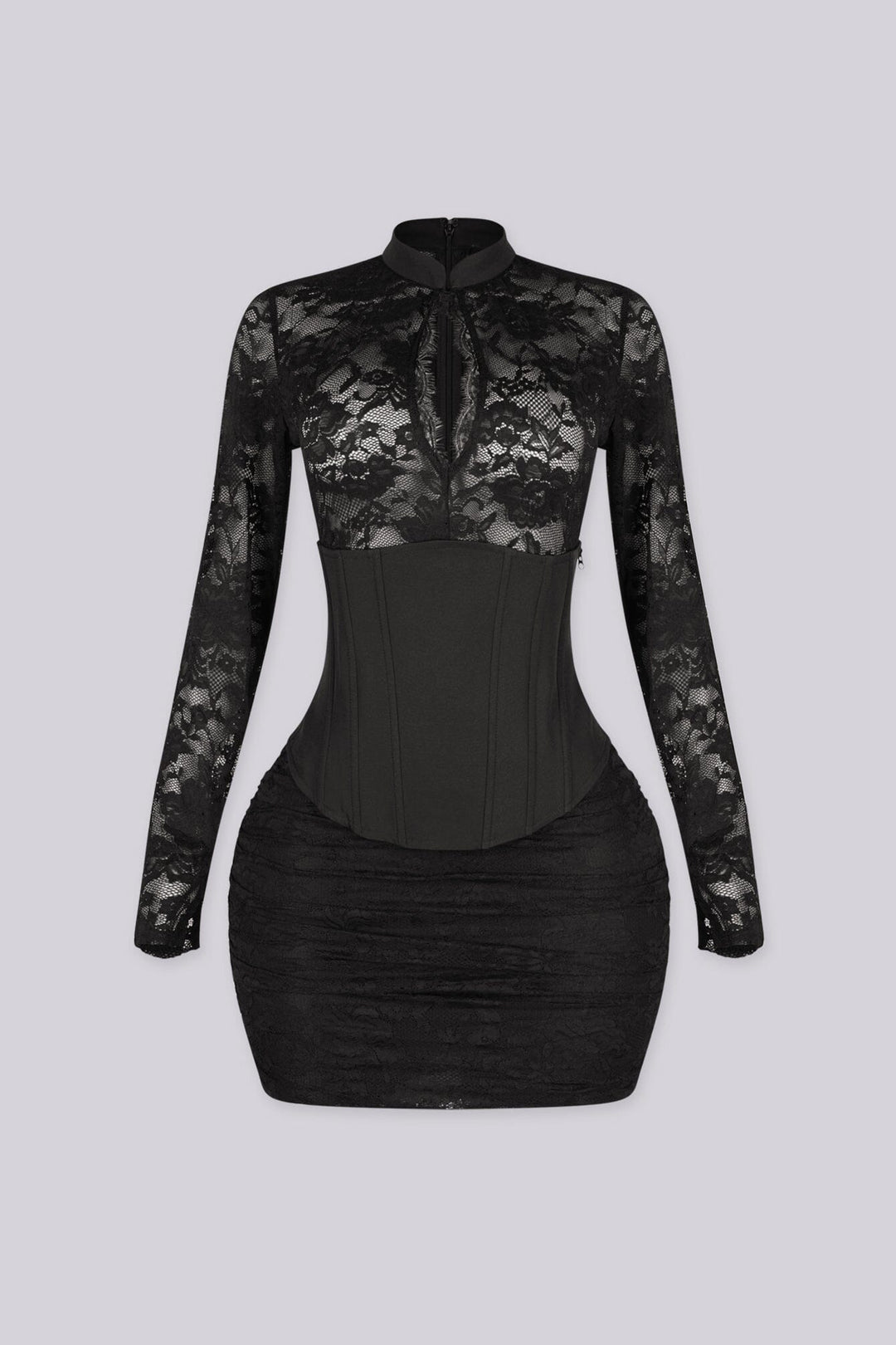 Mock neckline fitted mini dress with a sheer floral lace bodice and sleeves