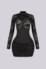 Mock neckline fitted mini dress with a sheer floral lace bodice and sleeves