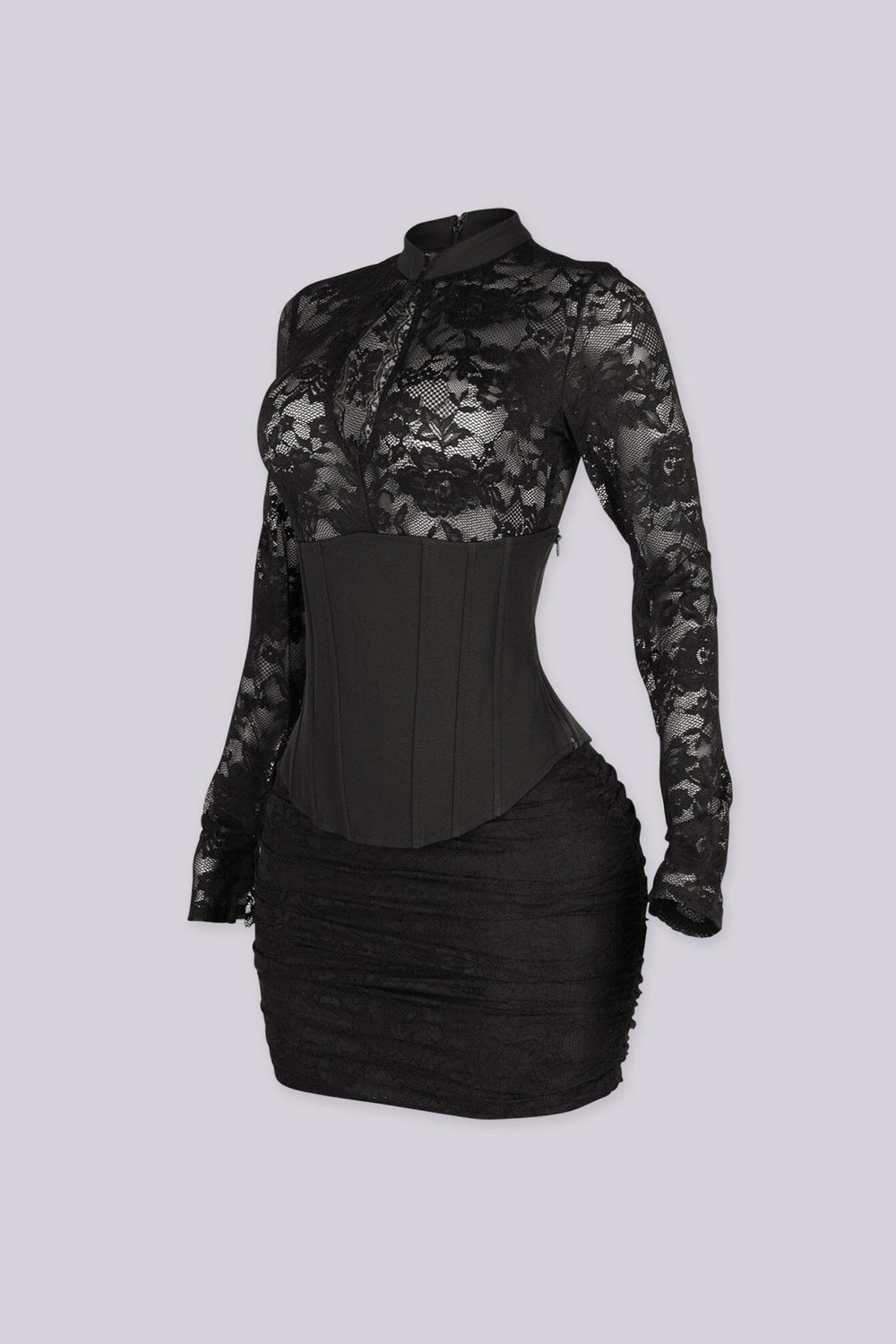 Mock neckline fitted mini dress with a sheer floral lace bodice and sleeves