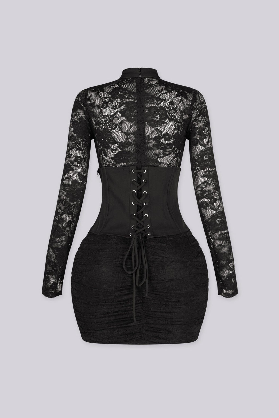 Mock neckline fitted mini dress with a sheer floral lace bodice and sleeves