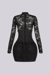 Mock neckline fitted mini dress with a sheer floral lace bodice and sleeves