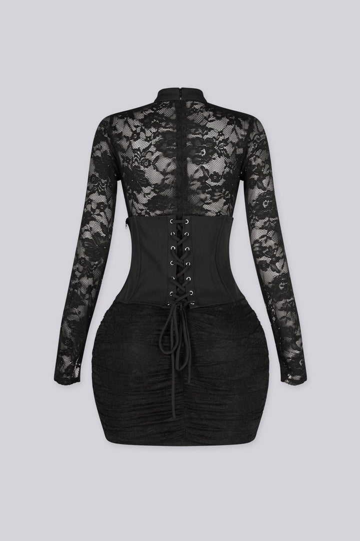 Mock neckline fitted mini dress with a sheer floral lace bodice and sleeves