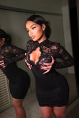 black lace long sleeve mini dress with a plunging cutout