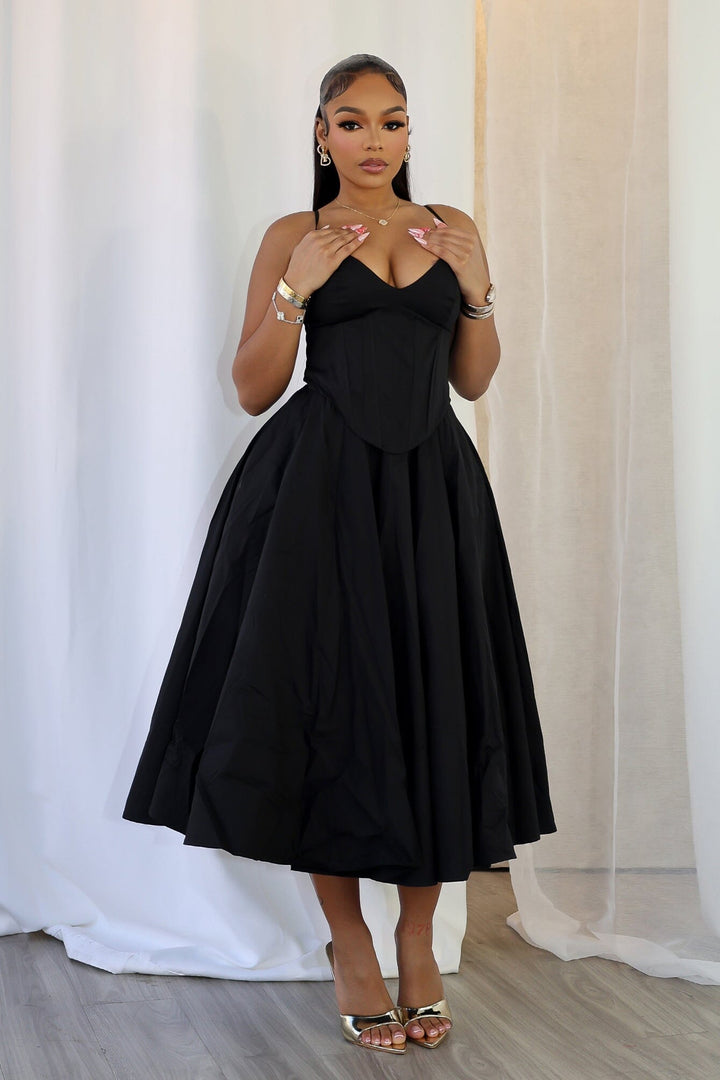 EDGE — black poplin corset midi dress, front view on model