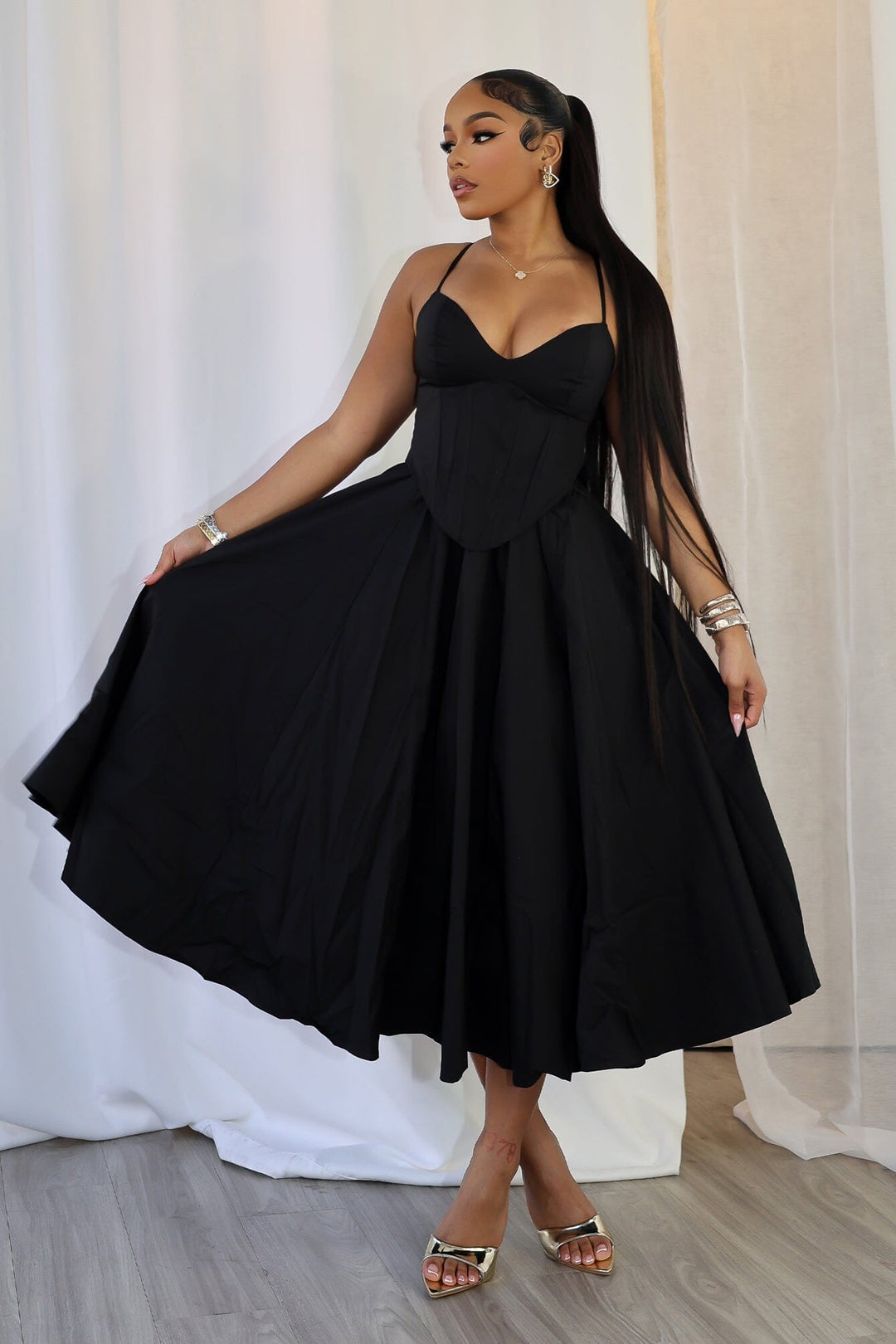 EDGE — black poplin corset midi dress, front view on model