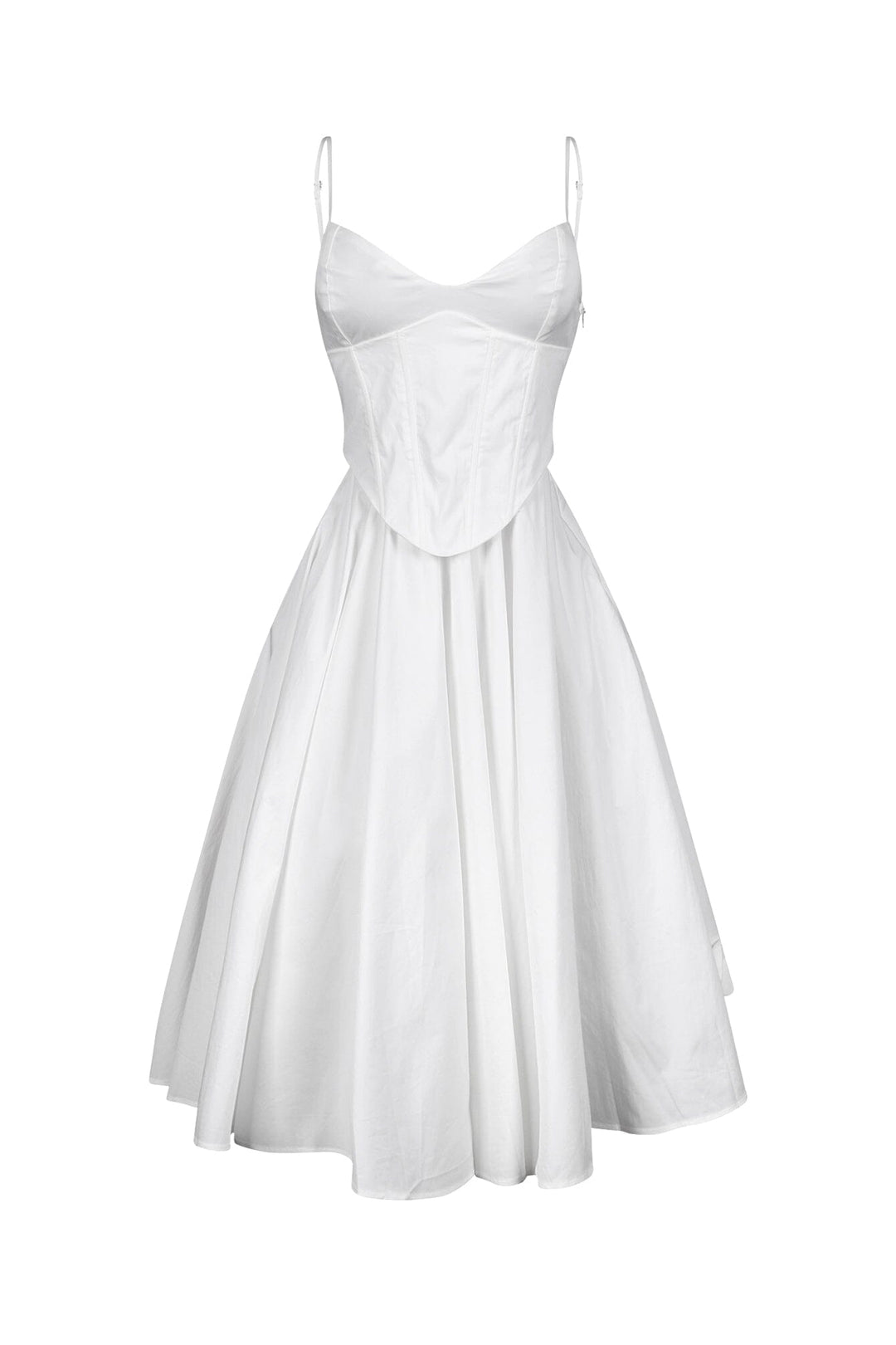 EDGE — white poplin corset midi dress, front view flat lay