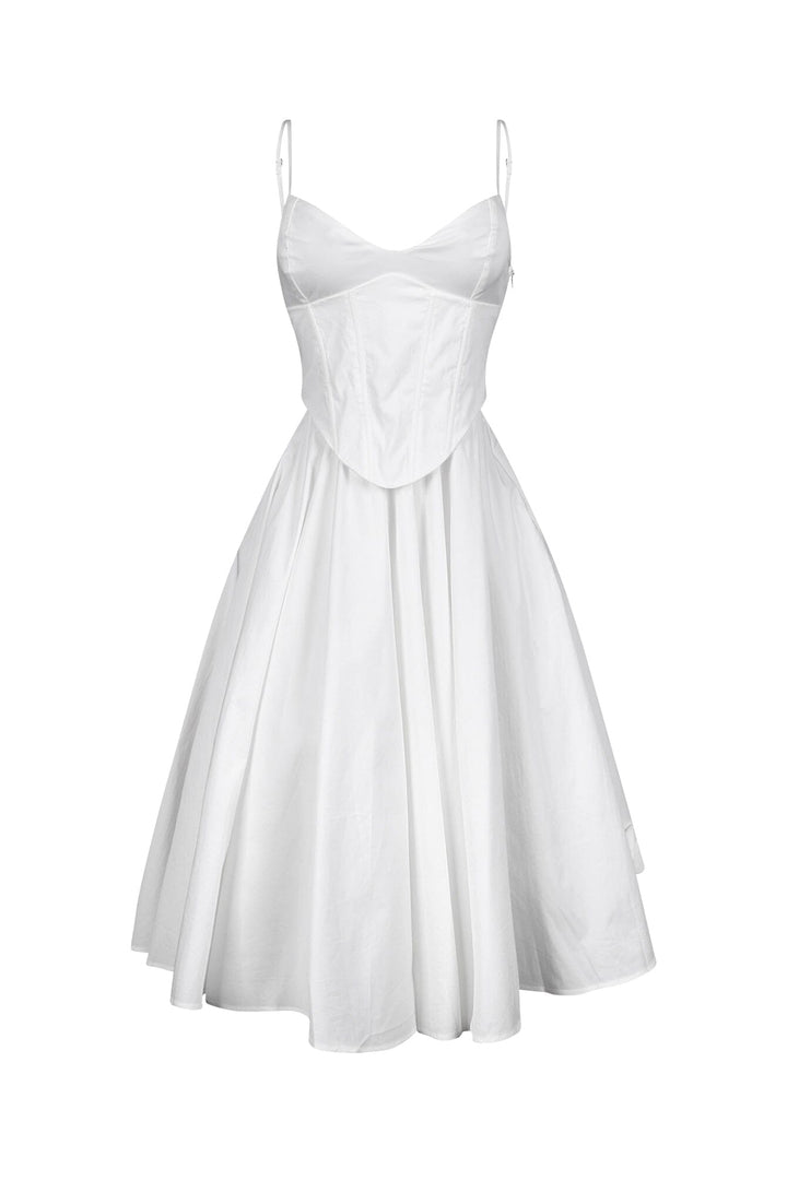EDGE — white poplin corset midi dress, front view flat lay