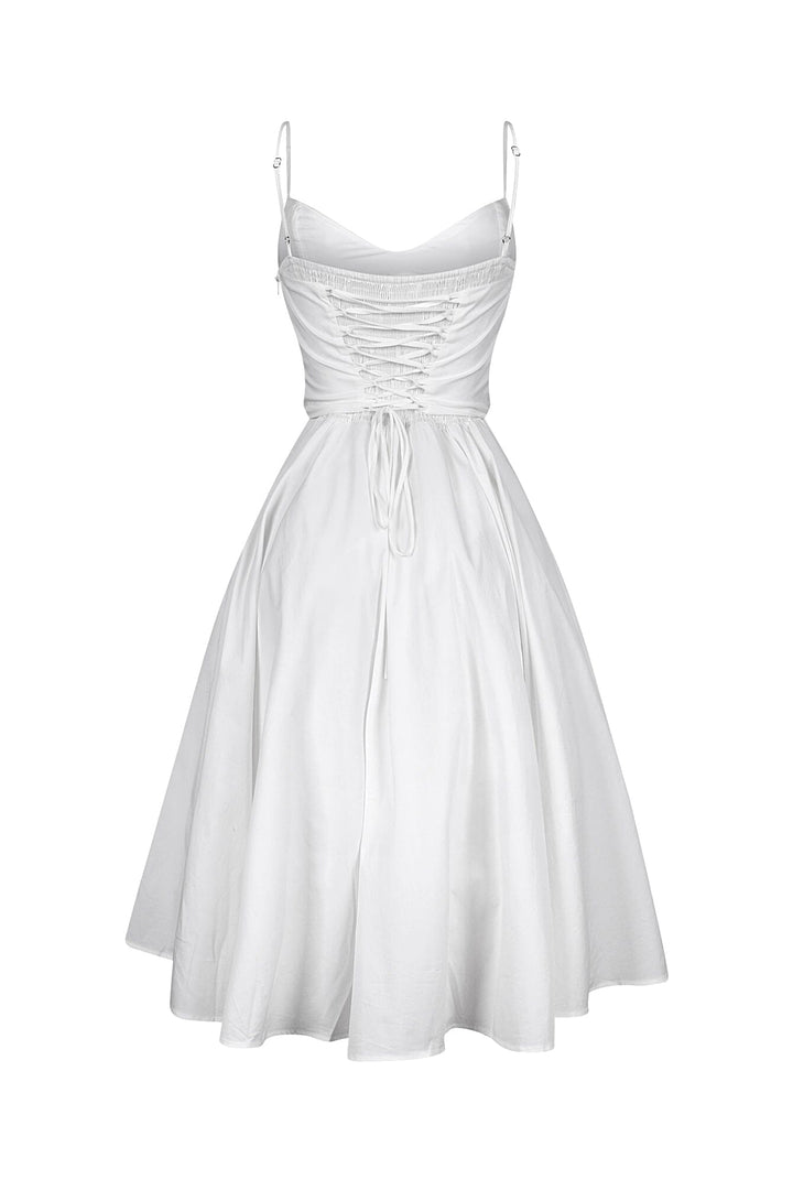 EDGE — white poplin corset midi dress, back view flat lay